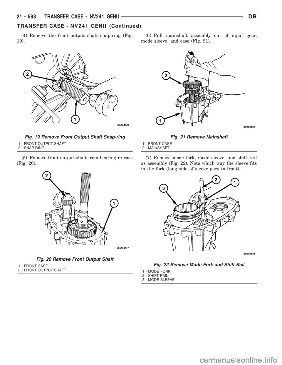 DODGE RAM 2003  Service Repair Manual (4) Remove the front output shaft snap-ring (Fig.
19).
(5) Remove front output shaft from bearing in case
(Fig. 20).(6) Pull mainshaft assembly out of input gear,
mode sleeve, and case (Fig. 21).
(7) 
