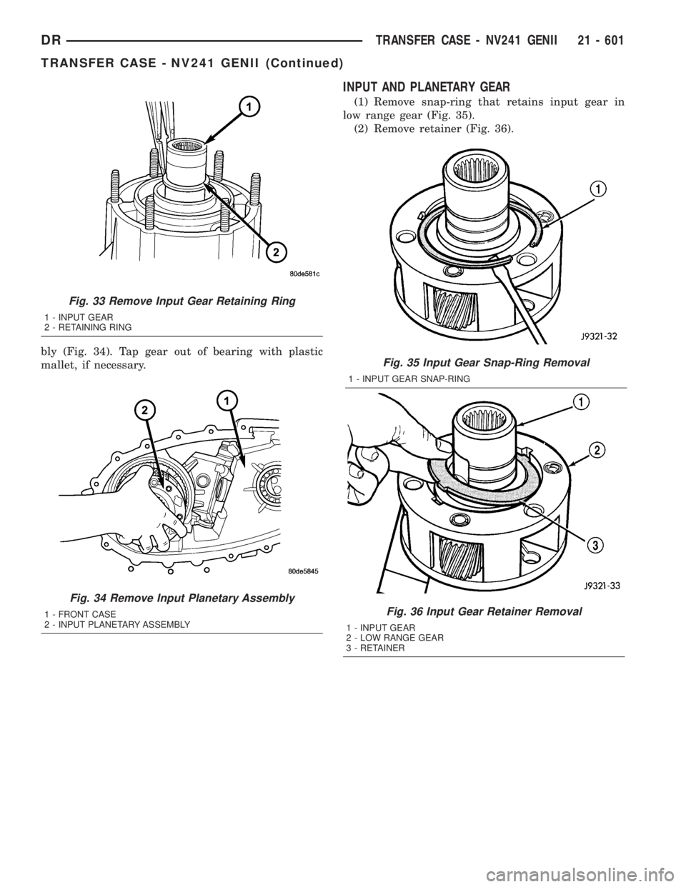 DODGE RAM 2003  Service Repair Manual bly (Fig. 34). Tap gear out of bearing with plastic
mallet, if necessary.
INPUT AND PLANETARY GEAR
(1) Remove snap-ring that retains input gear in
low range gear (Fig. 35).
(2) Remove retainer (Fig. 3