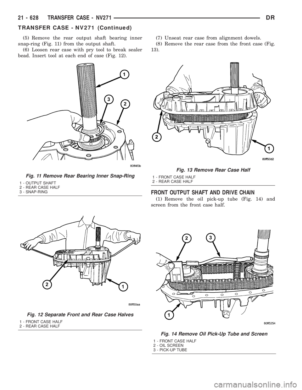 DODGE RAM 2003  Service Repair Manual (5) Remove the rear output shaft bearing inner
snap-ring (Fig. 11) from the output shaft.
(6) Loosen rear case with pry tool to break sealer
bead. Insert tool at each end of case (Fig. 12).(7) Unseat 