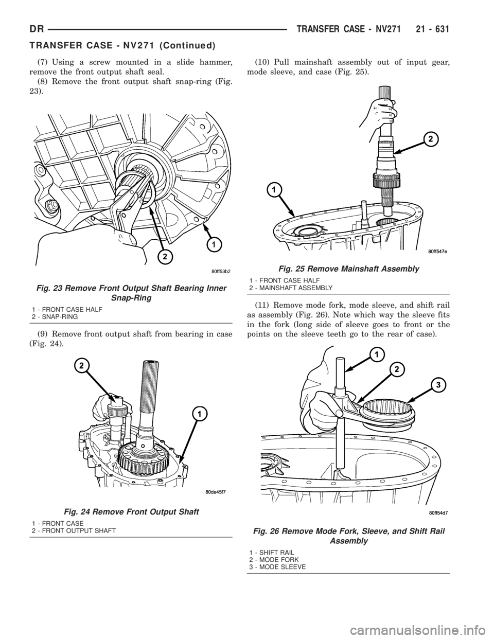 DODGE RAM 2003  Service Repair Manual (7) Using a screw mounted in a slide hammer,
remove the front output shaft seal.
(8) Remove the front output shaft snap-ring (Fig.
23).
(9) Remove front output shaft from bearing in case
(Fig. 24).(10