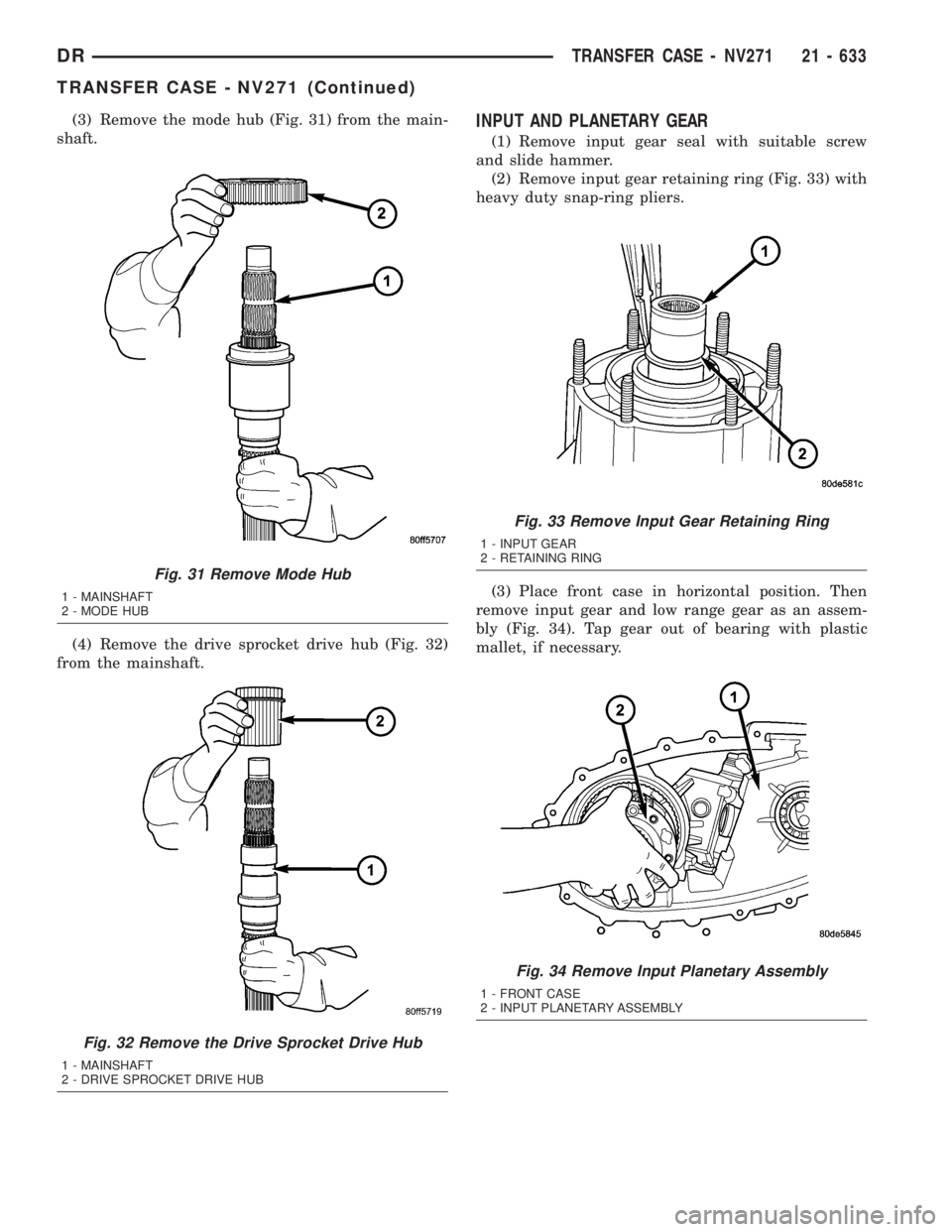 DODGE RAM 2003  Service Repair Manual (3) Remove the mode hub (Fig. 31) from the main-
shaft.
(4) Remove the drive sprocket drive hub (Fig. 32)
from the mainshaft.INPUT AND PLANETARY GEAR
(1) Remove input gear seal with suitable screw
and