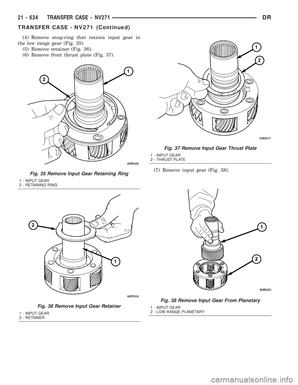 DODGE RAM 2003  Service Repair Manual (4) Remove snap-ring that retains input gear in
the low range gear (Fig. 35).
(5) Remove retainer (Fig. 36).
(6) Remove front thrust plate (Fig. 37).
(7) Remove input gear (Fig. 38).
Fig. 38 Remove In