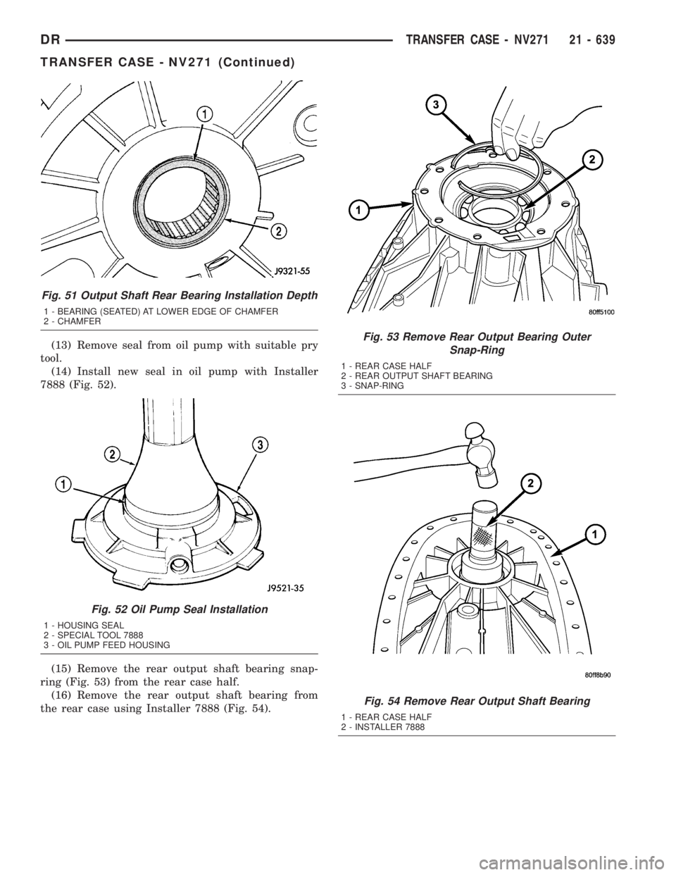 DODGE RAM 2003  Service Repair Manual (13) Remove seal from oil pump with suitable pry
tool.
(14) Install new seal in oil pump with Installer
7888 (Fig. 52).
(15) Remove the rear output shaft bearing snap-
ring (Fig. 53) from the rear cas