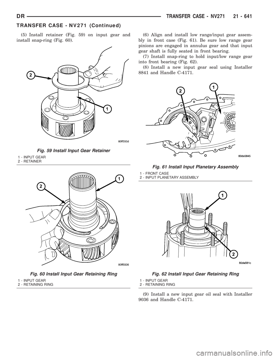 DODGE RAM 2003  Service Repair Manual (5) Install retainer (Fig. 59) on input gear and
install snap-ring (Fig. 60).(6) Align and install low range/input gear assem-
bly in front case (Fig. 61). Be sure low range gear
pinions are engaged i