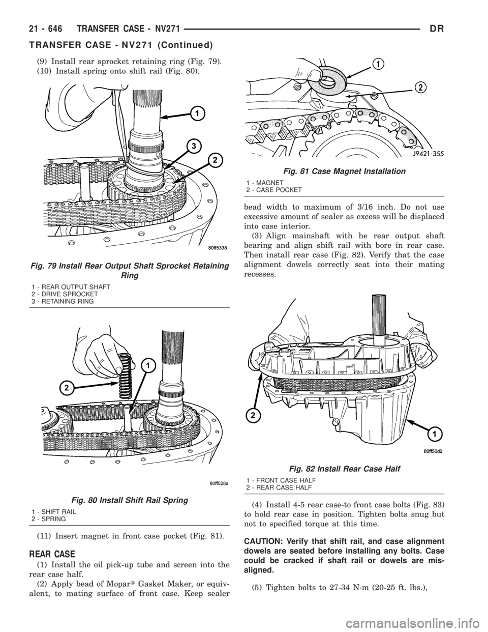 DODGE RAM 2003  Service Repair Manual (9) Install rear sprocket retaining ring (Fig. 79).
(10) Install spring onto shift rail (Fig. 80).
(11) Insert magnet in front case pocket (Fig. 81).
REAR CASE
(1) Install the oil pick-up tube and scr