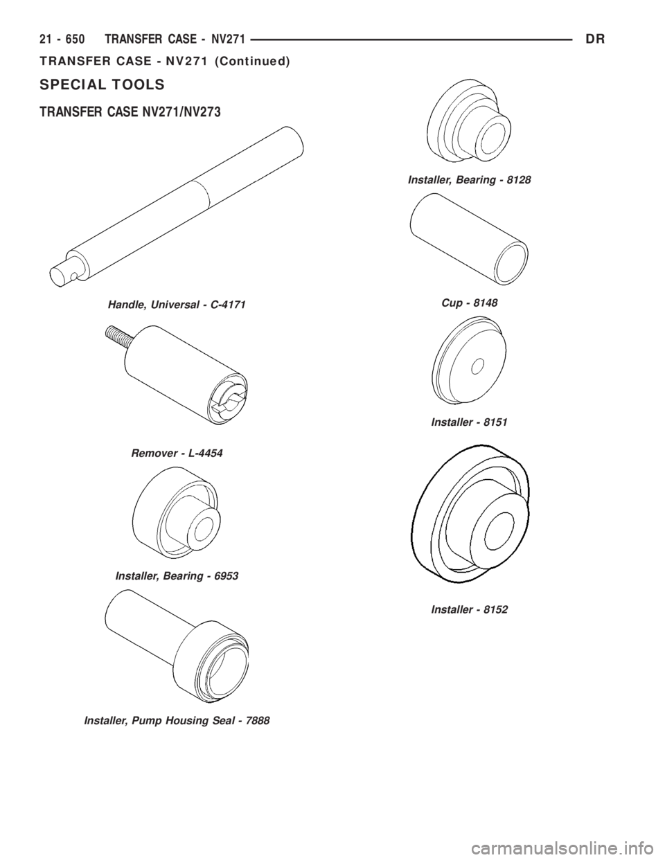 DODGE RAM 2003  Service Repair Manual SPECIAL TOOLS
TRANSFER CASE NV271/NV273
Handle, Universal - C-4171
Remover - L-4454
Installer, Bearing - 6953
Installer, Pump Housing Seal - 7888
Installer, Bearing - 8128
Cup - 8148
Installer - 8151
