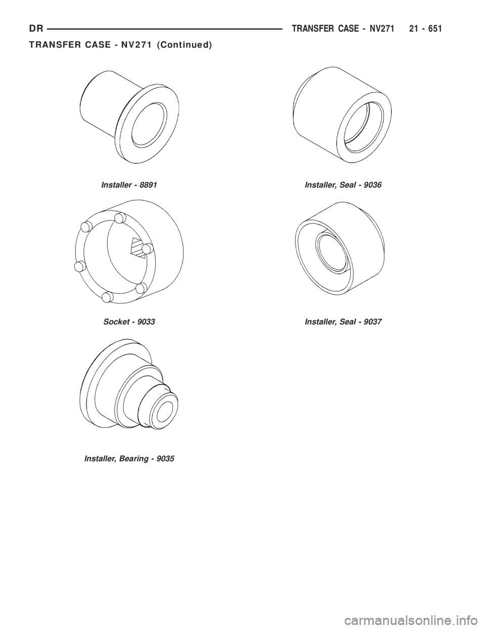 DODGE RAM 2003  Service Repair Manual Installer - 8891
Socket - 9033
Installer, Bearing - 9035
Installer, Seal - 9036
Installer, Seal - 9037
DRTRANSFER CASE - NV271 21 - 651
TRANSFER CASE - NV271 (Continued) 