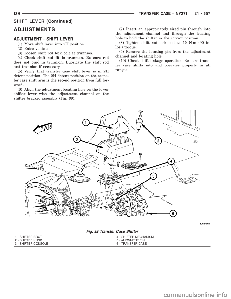 DODGE RAM 2003  Service Repair Manual ADJUSTMENTS
ADJUSTMENT - SHIFT LEVER
(1) Move shift lever into 2H position.
(2) Raise vehicle.
(3) Loosen shift rod lock bolt at trunnion.
(4) Check shift rod fit in trunnion. Be sure rod
does not bin