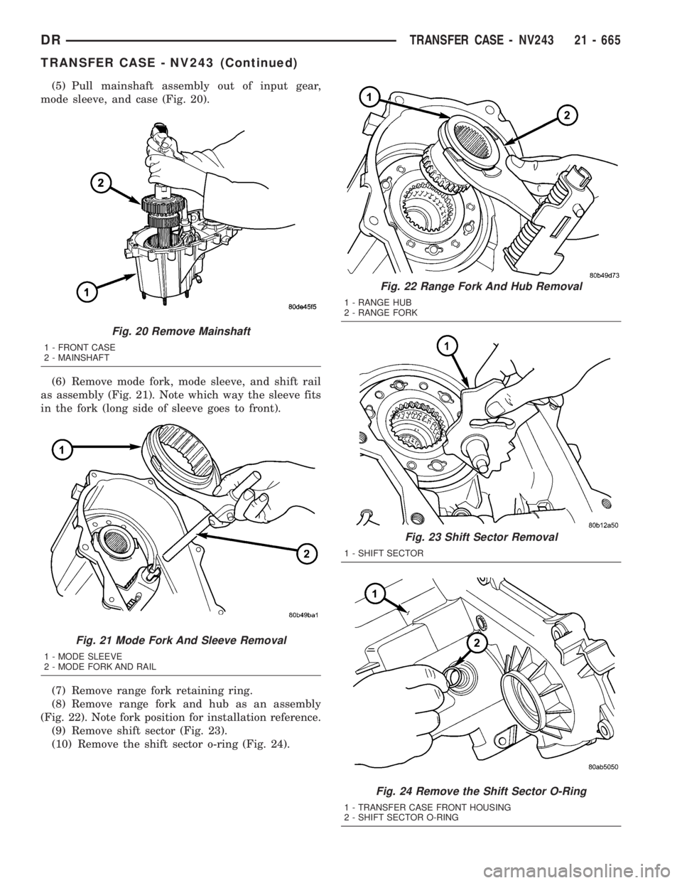 DODGE RAM 2003  Service Repair Manual (5) Pull mainshaft assembly out of input gear,
mode sleeve, and case (Fig. 20).
(6) Remove mode fork, mode sleeve, and shift rail
as assembly (Fig. 21). Note which way the sleeve fits
in the fork (lon