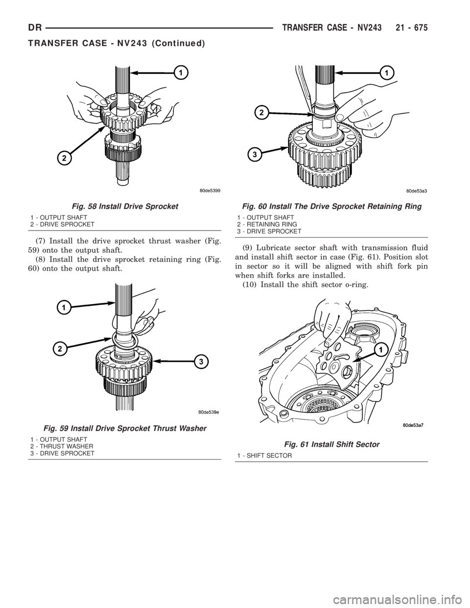 DODGE RAM 2003  Service Repair Manual (7) Install the drive sprocket thrust washer (Fig.
59) onto the output shaft.
(8) Install the drive sprocket retaining ring (Fig.
60) onto the output shaft.(9) Lubricate sector shaft with transmission