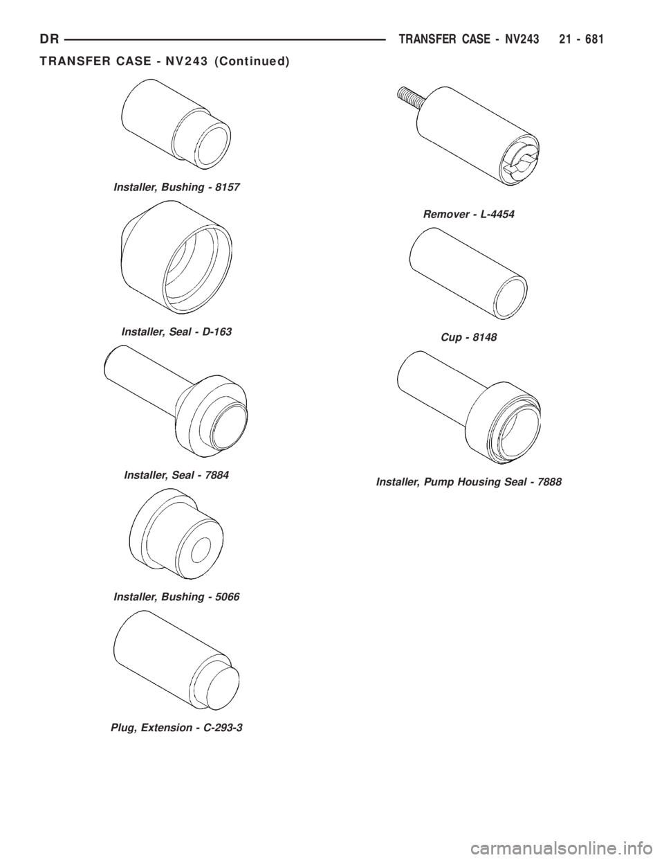 DODGE RAM 2003  Service Repair Manual Installer, Bushing - 8157
Installer, Seal - D-163
Installer, Seal - 7884
Installer, Bushing - 5066
Plug, Extension - C-293-3
Remover - L-4454
Cup - 8148
Installer, Pump Housing Seal - 7888
DRTRANSFER 