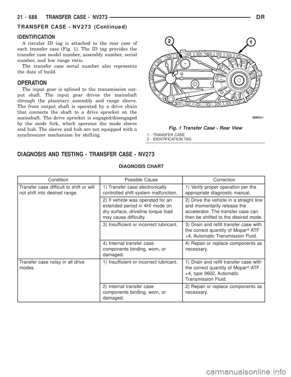 DODGE RAM 2003  Service Repair Manual IDENTIFICATION
A circular ID tag is attached to the rear case of
each transfer case (Fig. 1). The ID tag provides the
transfer case model number, assembly number, serial
number, and low range ratio.
T