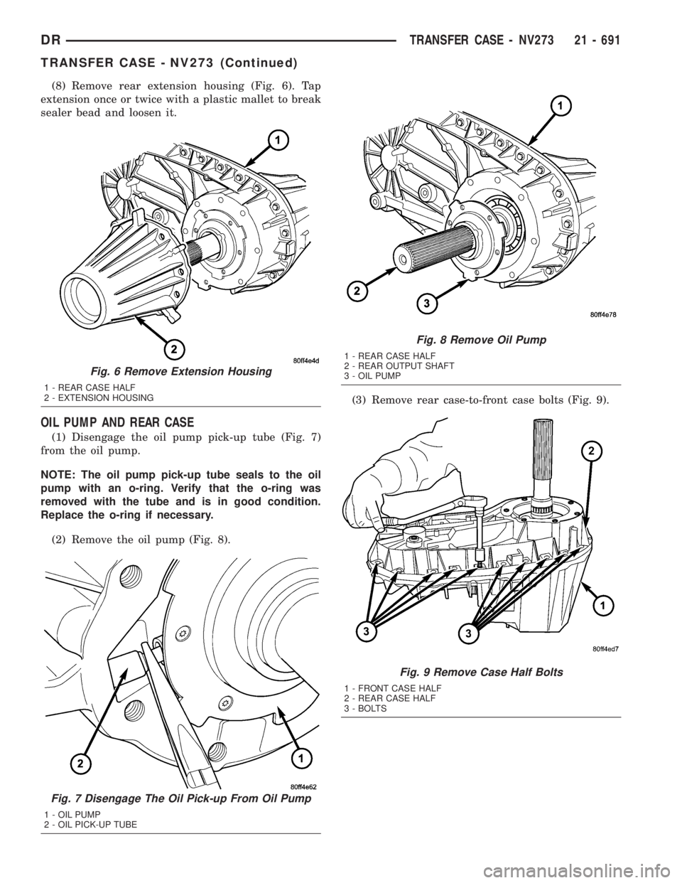 DODGE RAM 2003  Service Repair Manual (8) Remove rear extension housing (Fig. 6). Tap
extension once or twice with a plastic mallet to break
sealer bead and loosen it.
OIL PUMP AND REAR CASE
(1) Disengage the oil pump pick-up tube (Fig. 7