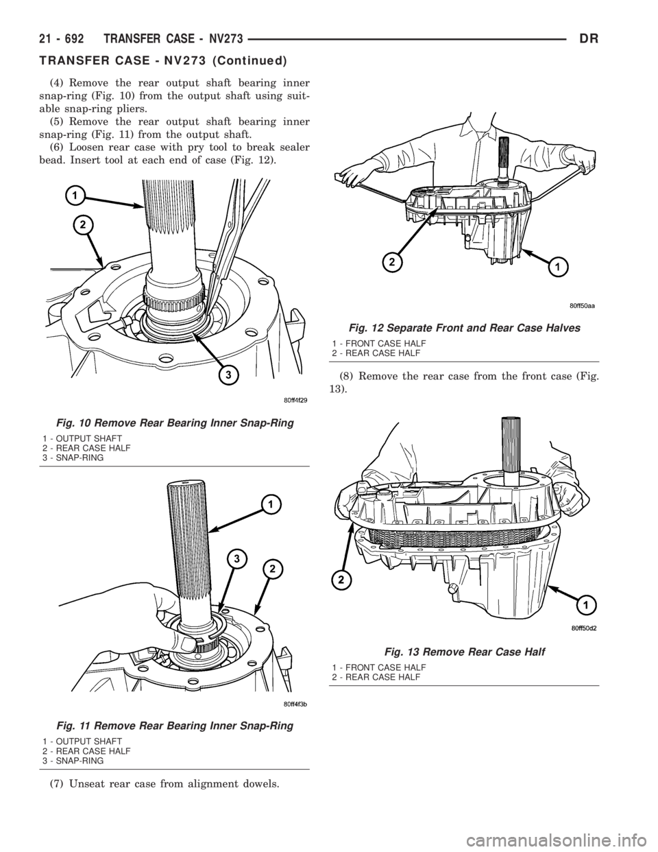 DODGE RAM 2003  Service Repair Manual (4) Remove the rear output shaft bearing inner
snap-ring (Fig. 10) from the output shaft using suit-
able snap-ring pliers.
(5) Remove the rear output shaft bearing inner
snap-ring (Fig. 11) from the 