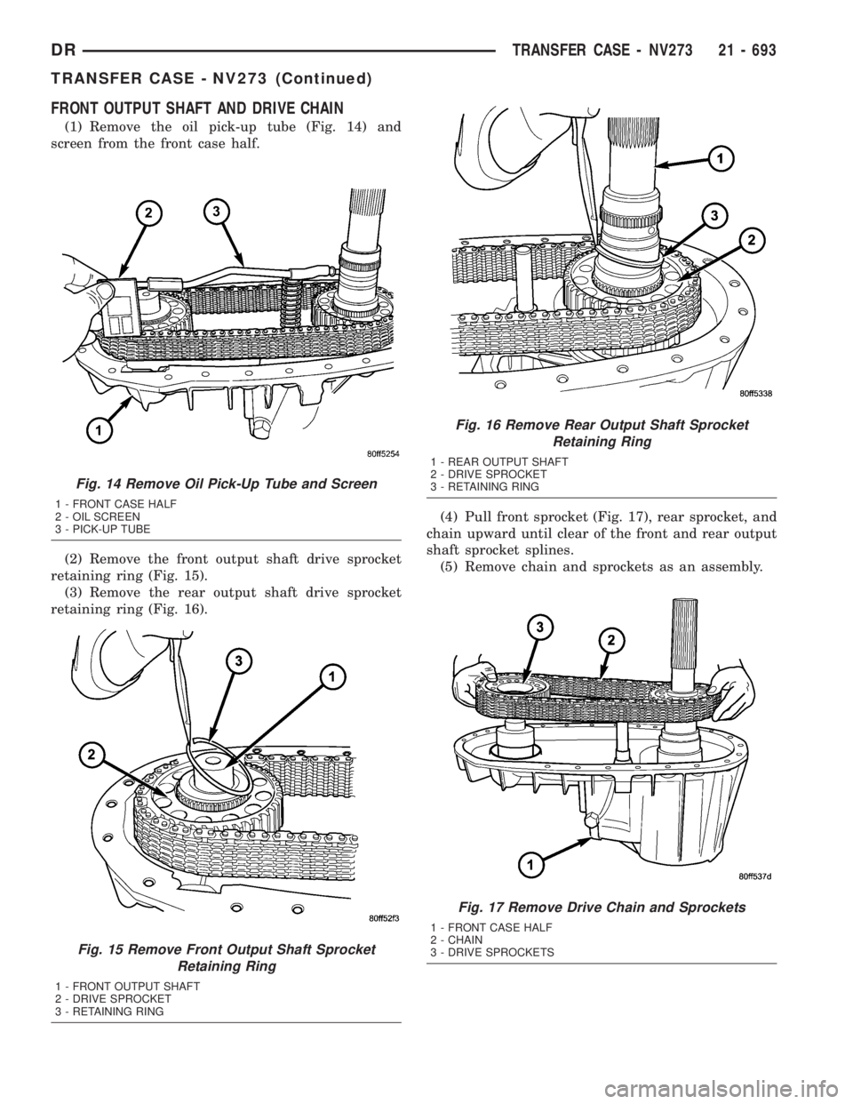 DODGE RAM 2003  Service Repair Manual FRONT OUTPUT SHAFT AND DRIVE CHAIN
(1) Remove the oil pick-up tube (Fig. 14) and
screen from the front case half.
(2) Remove the front output shaft drive sprocket
retaining ring (Fig. 15).
(3) Remove 