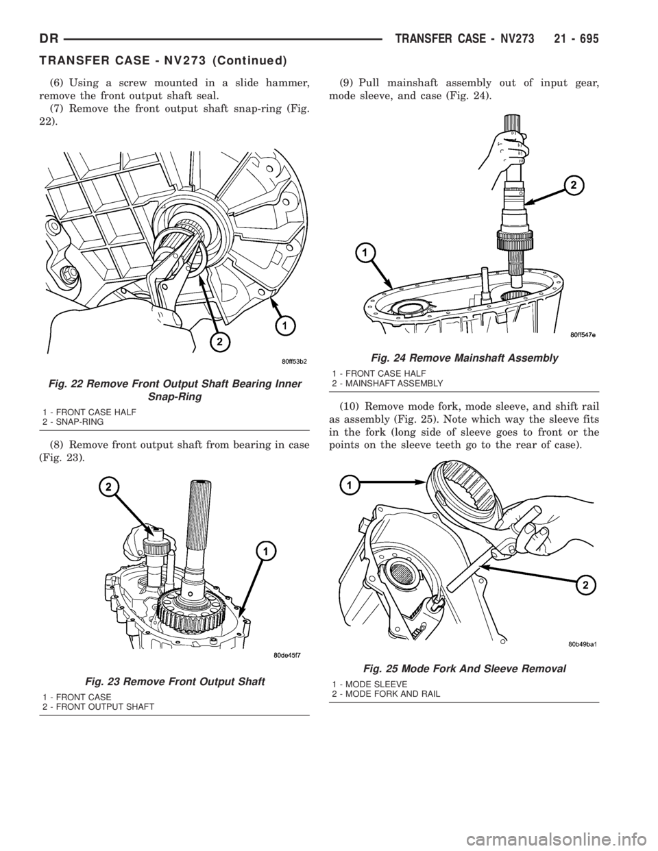 DODGE RAM 2003  Service Repair Manual (6) Using a screw mounted in a slide hammer,
remove the front output shaft seal.
(7) Remove the front output shaft snap-ring (Fig.
22).
(8) Remove front output shaft from bearing in case
(Fig. 23).(9)