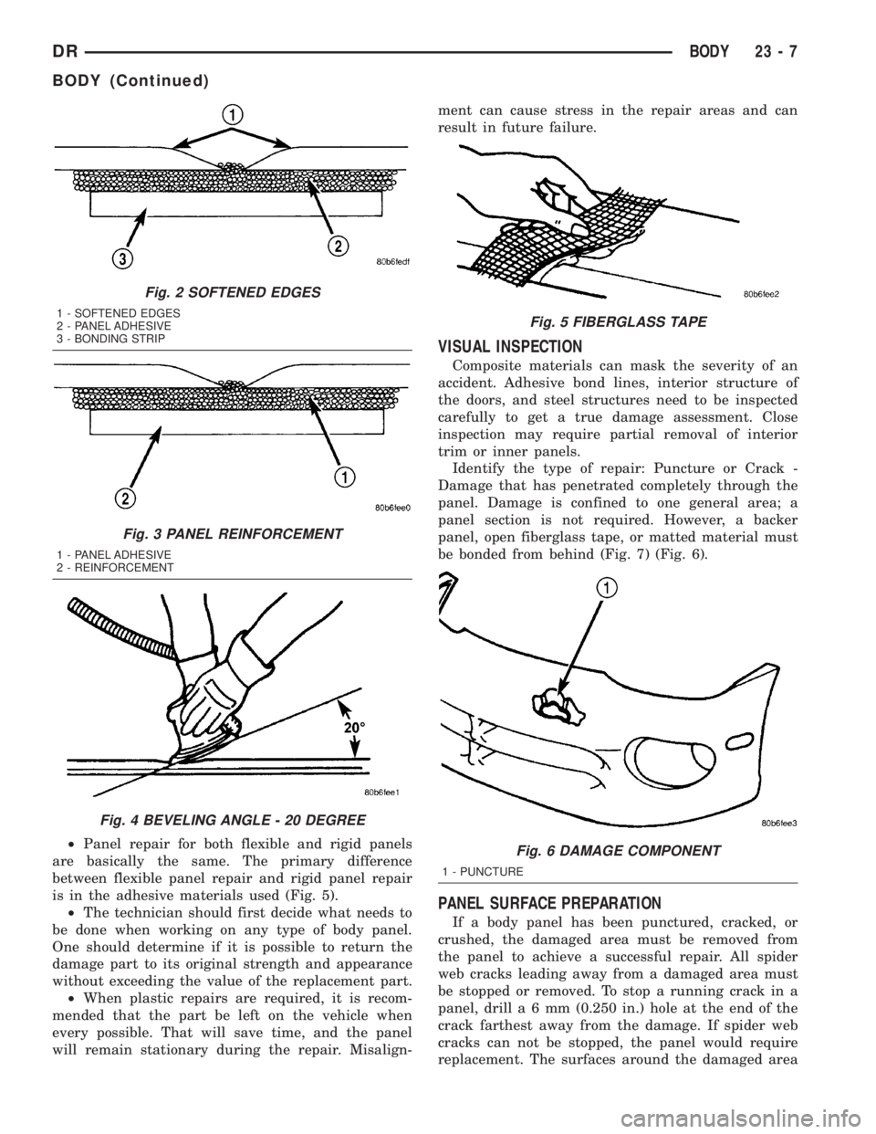 DODGE RAM 2003 Service Repair Manual ²Panel repair for both flexible and rigid panels
are basically the same. The primary difference
between flexible panel repair and rigid panel repair
is in the adhesive materials used (Fig. 5).
²The DODGE RAM 2003 Service Repair Manual ²Panel repair for both flexible and rigid panels
are basically the same. The primary difference
between flexible panel repair and rigid panel repair
is in the adhesive materials used (Fig. 5).
²The