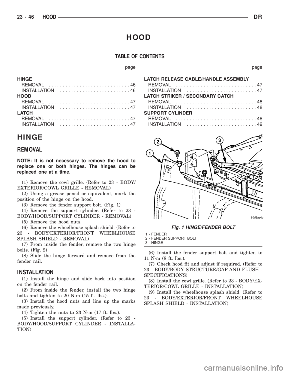 DODGE RAM 2003 Service Repair Manual HOOD
TABLE OF CONTENTS
page page
HINGE
REMOVAL.............................46
INSTALLATION.........................46
HOOD
REMOVAL.............................47
INSTALLATION.........................4 DODGE RAM 2003 Service Repair Manual HOOD
TABLE OF CONTENTS
page page
HINGE
REMOVAL.............................46
INSTALLATION.........................46
HOOD
REMOVAL.............................47
INSTALLATION.........................4
