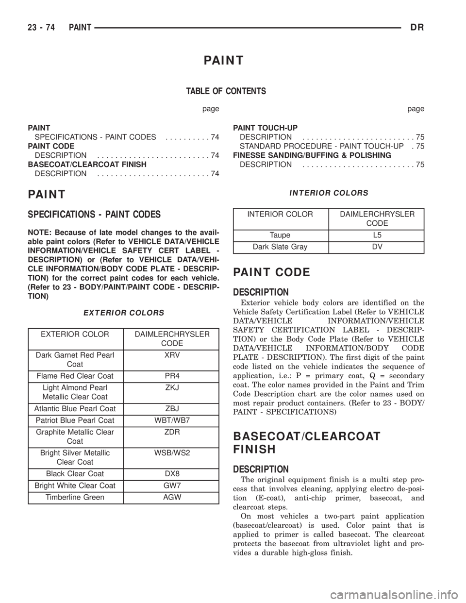 DODGE RAM 2003  Service Repair Manual PAINT
TABLE OF CONTENTS
page page
PAINT
SPECIFICATIONS - PAINT CODES..........74
PAINT CODE
DESCRIPTION.........................74
BASECOAT/CLEARCOAT FINISH
DESCRIPTION.........................74PAINT