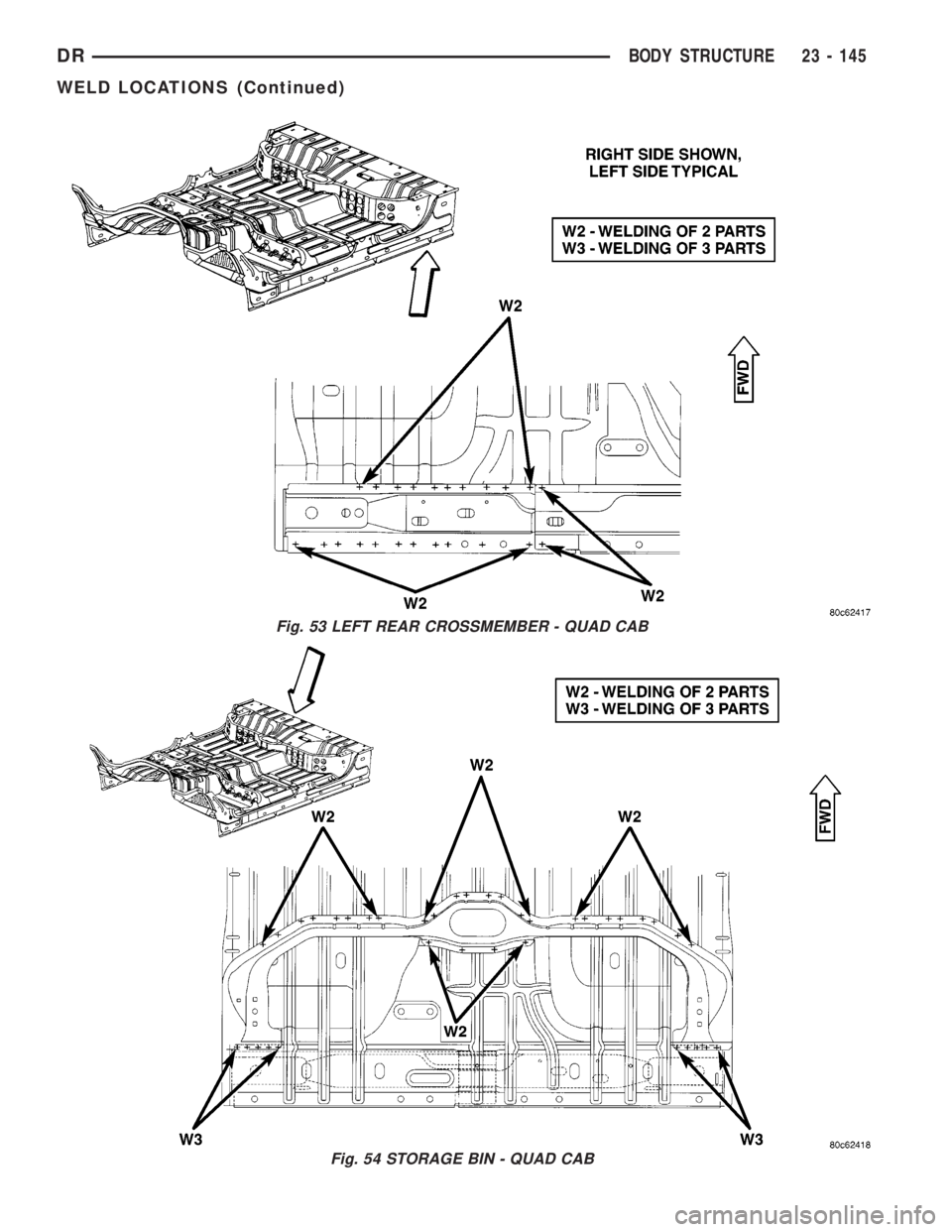 DODGE RAM 2003  Service Repair Manual Fig. 53 LEFT REAR CROSSMEMBER - QUAD CAB
Fig. 54 STORAGE BIN - QUAD CAB
DRBODY STRUCTURE 23 - 145
WELD LOCATIONS (Continued) 