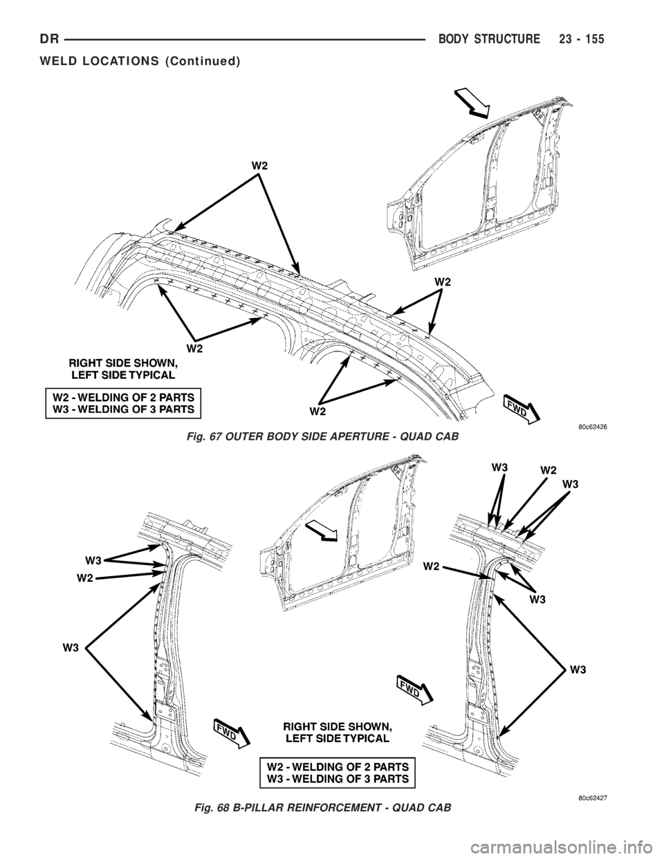 DODGE RAM 2003  Service Repair Manual Fig. 67 OUTER BODY SIDE APERTURE - QUAD CAB
Fig. 68 B-PILLAR REINFORCEMENT - QUAD CAB
DRBODY STRUCTURE 23 - 155
WELD LOCATIONS (Continued) 