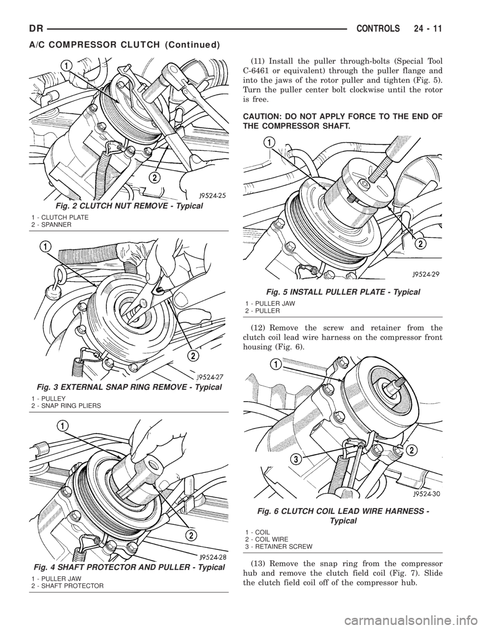 DODGE RAM 2003  Service Repair Manual (11) Install the puller through-bolts (Special Tool
C-6461 or equivalent) through the puller flange and
into the jaws of the rotor puller and tighten (Fig. 5).
Turn the puller center bolt clockwise un