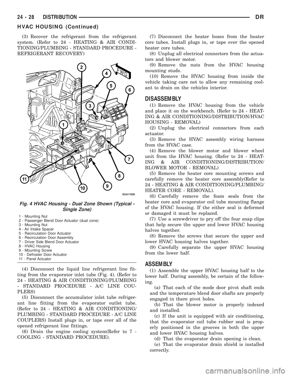 DODGE RAM 2003  Service Repair Manual (3) Recover the refrigerant from the refrigerant
system. (Refer to 24 - HEATING & AIR CONDI-
TIONING/PLUMBING - STANDARD PROCEDURE -
REFRIGERANT RECOVERY)
(4) Disconnect the liquid line refrigerant li