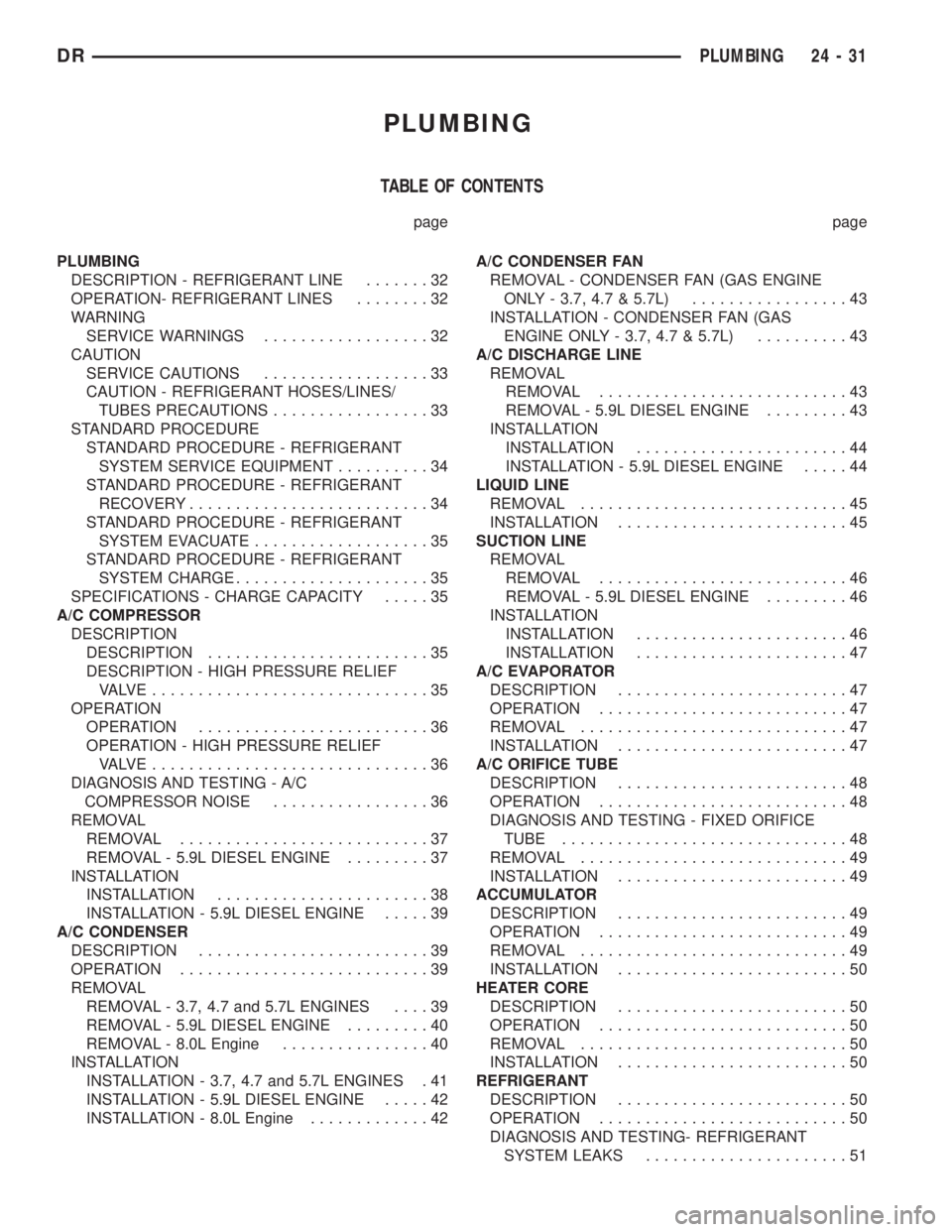DODGE RAM 2003  Service Repair Manual PLUMBING
TABLE OF CONTENTS
page page
PLUMBING
DESCRIPTION - REFRIGERANT LINE.......32
OPERATION- REFRIGERANT LINES........32
WARNING
SERVICE WARNINGS..................32
CAUTION
SERVICE CAUTIONS......