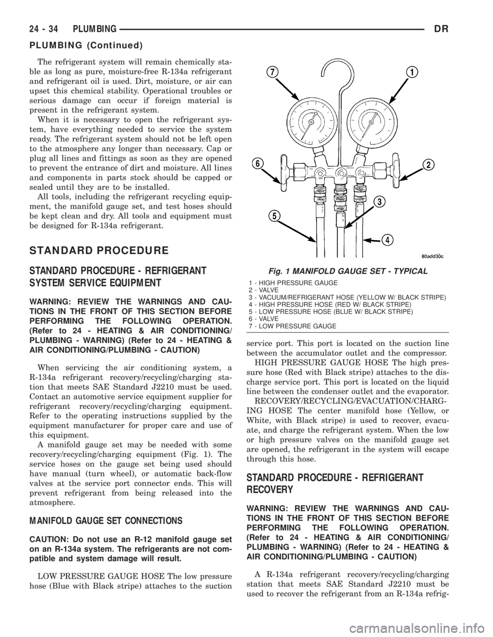 DODGE RAM 2003  Service Repair Manual The refrigerant system will remain chemically sta-
ble as long as pure, moisture-free R-134a refrigerant
and refrigerant oil is used. Dirt, moisture, or air can
upset this chemical stability. Operatio