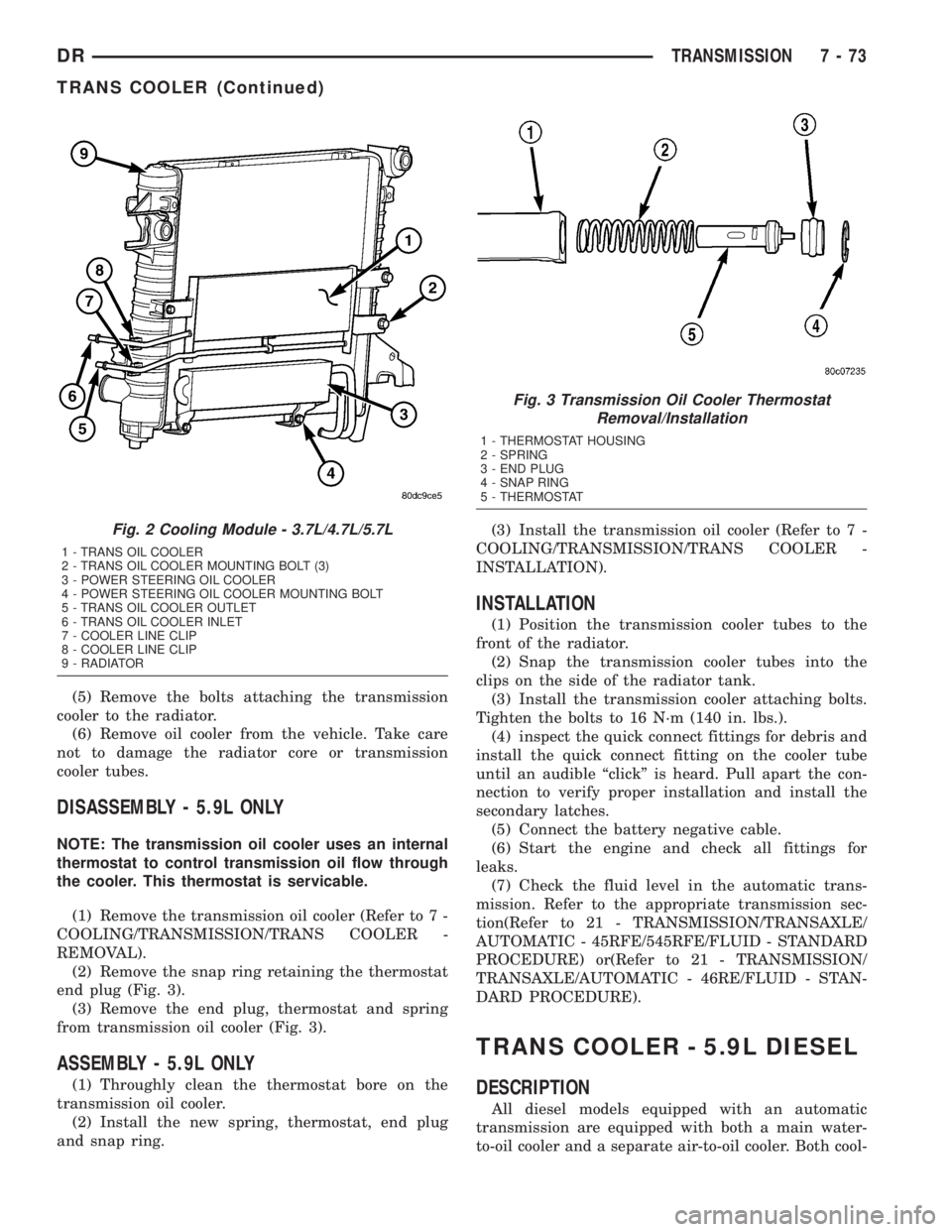 DODGE RAM 2003  Service Repair Manual (5) Remove the bolts attaching the transmission
cooler to the radiator.
(6) Remove oil cooler from the vehicle. Take care
not to damage the radiator core or transmission
cooler tubes.
DISASSEMBLY - 5.