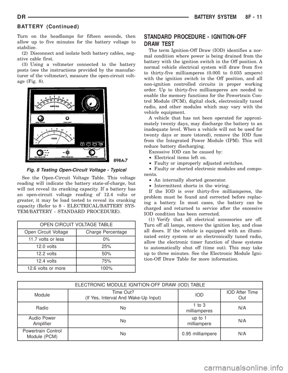 DODGE RAM 2003  Service Repair Manual Turn on the headlamps for fifteen seconds, then
allow up to five minutes for the battery voltage to
stabilize.
(2) Disconnect and isolate both battery cables, neg-
ative cable first.
(3) Using a voltm