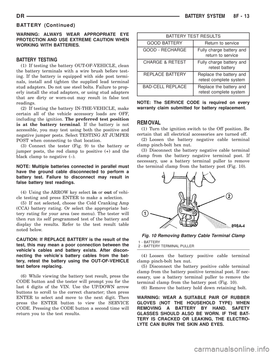 DODGE RAM 2003  Service Repair Manual WARNING: ALWAYS WEAR APPROPRIATE EYE
PROTECTION AND USE EXTREME CAUTION WHEN
WORKING WITH BATTERIES.
BATTERY TESTING
(1) If testing the battery OUT-OF-VEHICLE, clean
the battery terminals with a wire 