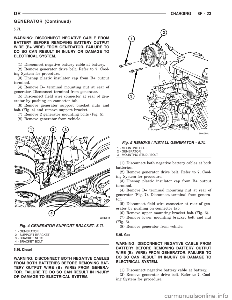DODGE RAM 2003  Service Repair Manual 5.7L
WARNING: DISCONNECT NEGATIVE CABLE FROM
BATTERY BEFORE REMOVING BATTERY OUTPUT
WIRE (B+ WIRE) FROM GENERATOR. FAILURE TO
DO SO CAN RESULT IN INJURY OR DAMAGE TO
ELECTRICAL SYSTEM.
(1) Disconnect 