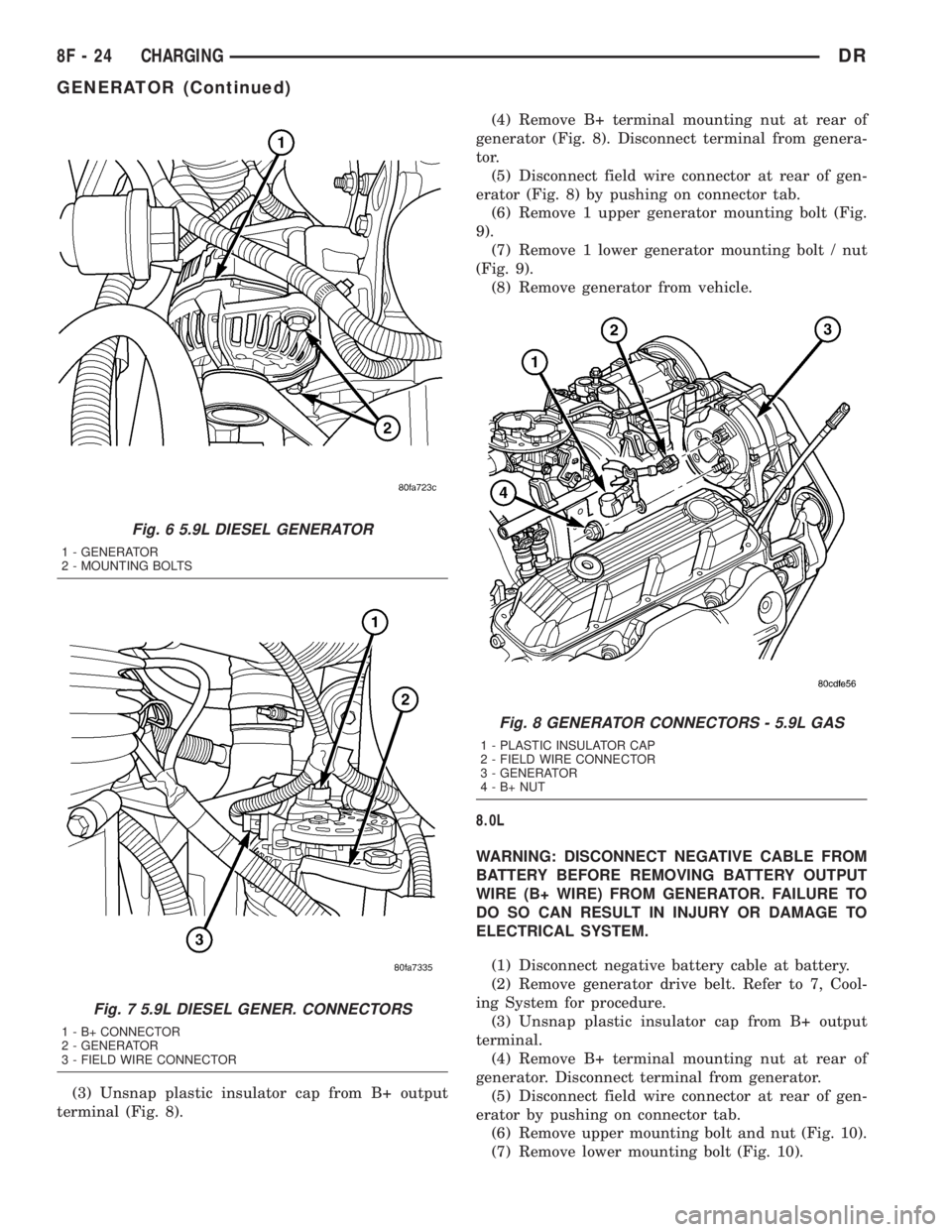 DODGE RAM 2003  Service Repair Manual (3) Unsnap plastic insulator cap from B+ output
terminal (Fig. 8).(4) Remove B+ terminal mounting nut at rear of
generator (Fig. 8). Disconnect terminal from genera-
tor.
(5) Disconnect field wire con