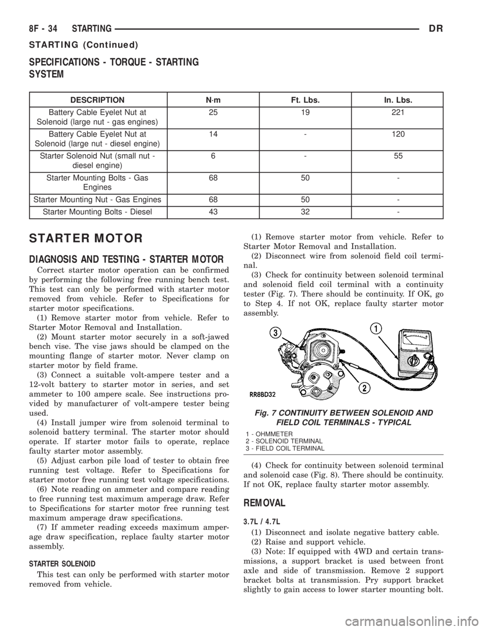 DODGE RAM 2003  Service Repair Manual SPECIFICATIONS - TORQUE - STARTING
SYSTEM
DESCRIPTION N´m Ft. Lbs. In. Lbs.
Battery Cable Eyelet Nut at
Solenoid (large nut - gas engines)25 19 221
Battery Cable Eyelet Nut at
Solenoid (large nut - d