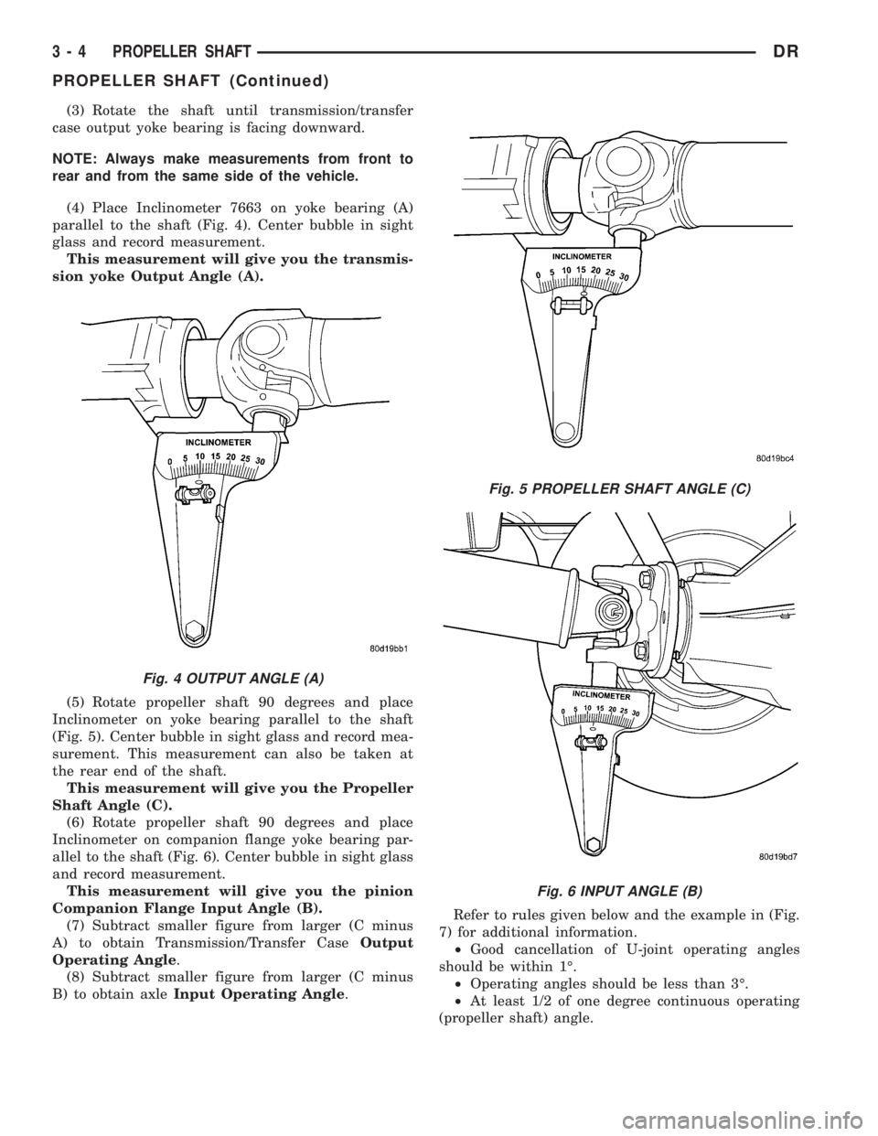 DODGE RAM 2003  Service Repair Manual (3) Rotate the shaft until transmission/transfer
case output yoke bearing is facing downward.
NOTE: Always make measurements from front to
rear and from the same side of the vehicle.
(4) Place Inclino