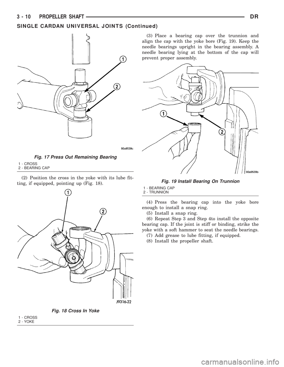 DODGE RAM 2003  Service Repair Manual (2) Position the cross in the yoke with its lube fit-
ting, if equipped, pointing up (Fig. 18).(3) Place a bearing cap over the trunnion and
align the cap with the yoke bore (Fig. 19). Keep the
needle