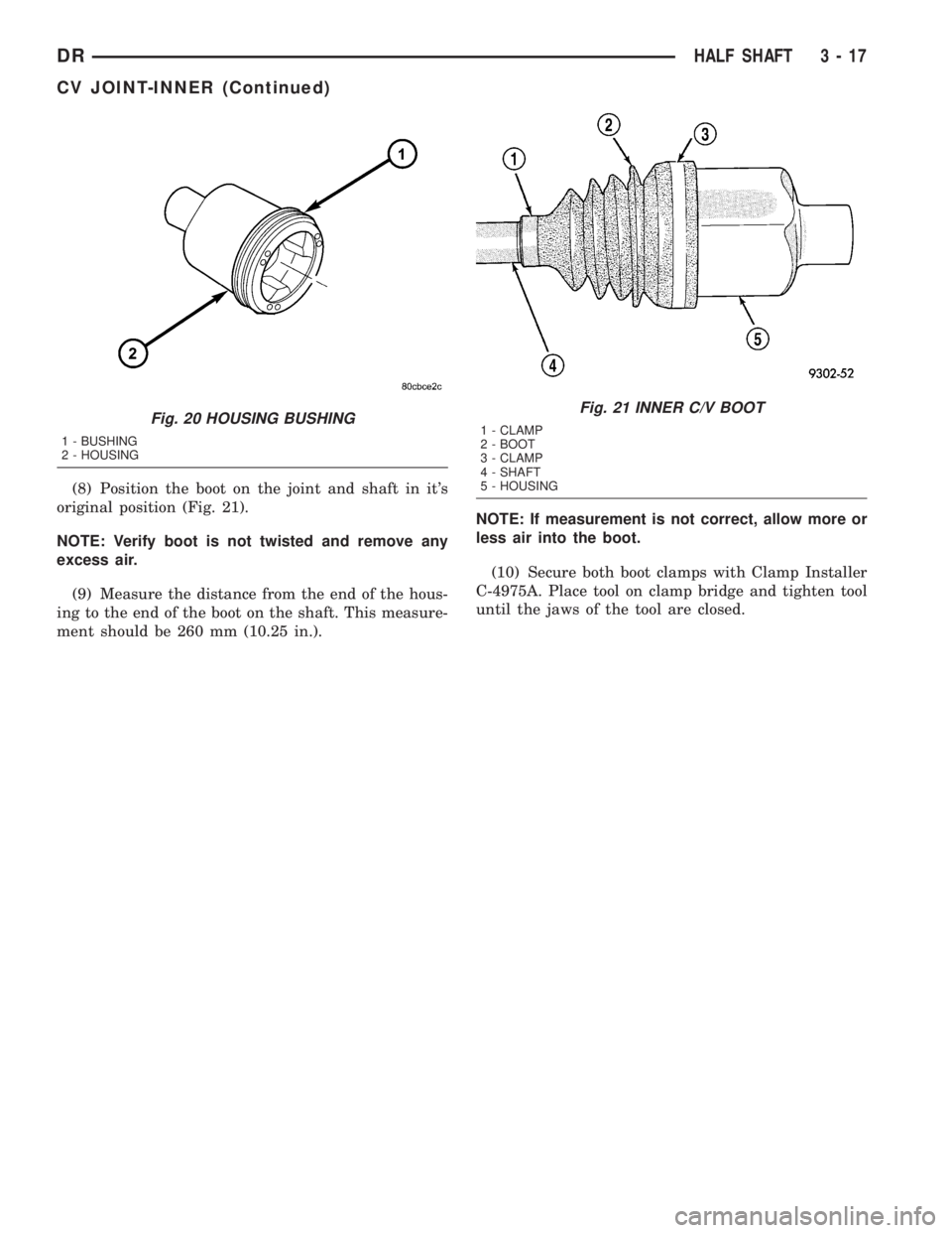 DODGE RAM 2003  Service Repair Manual (8) Position the boot on the joint and shaft in its
original position (Fig. 21).
NOTE: Verify boot is not twisted and remove any
excess air.
(9) Measure the distance from the end of the hous-
ing to 