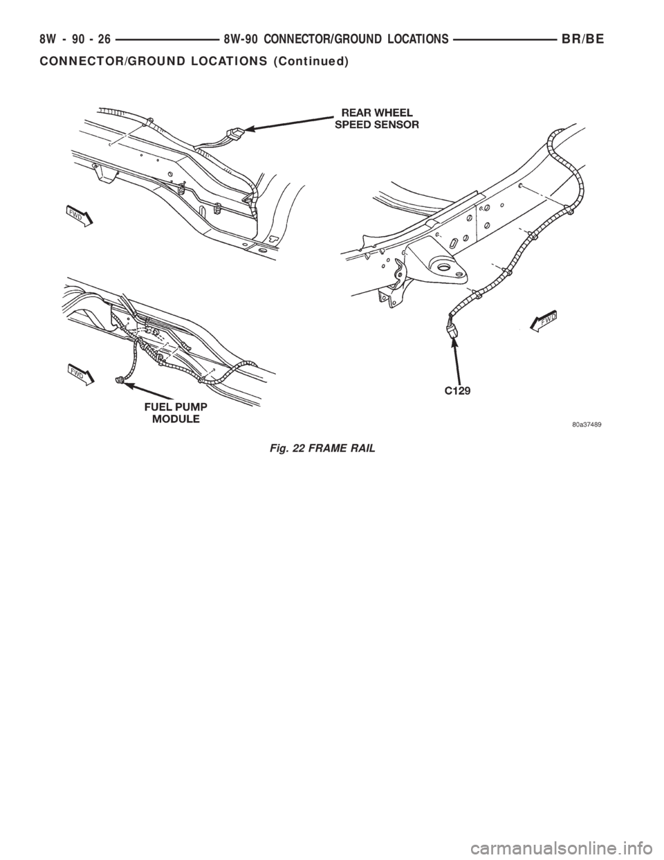 DODGE RAM 2001  Service Repair Manual Fig. 22 FRAME RAIL
8W - 90 - 26 8W-90 CONNECTOR/GROUND LOCATIONSBR/BE
CONNECTOR/GROUND LOCATIONS (Continued) 