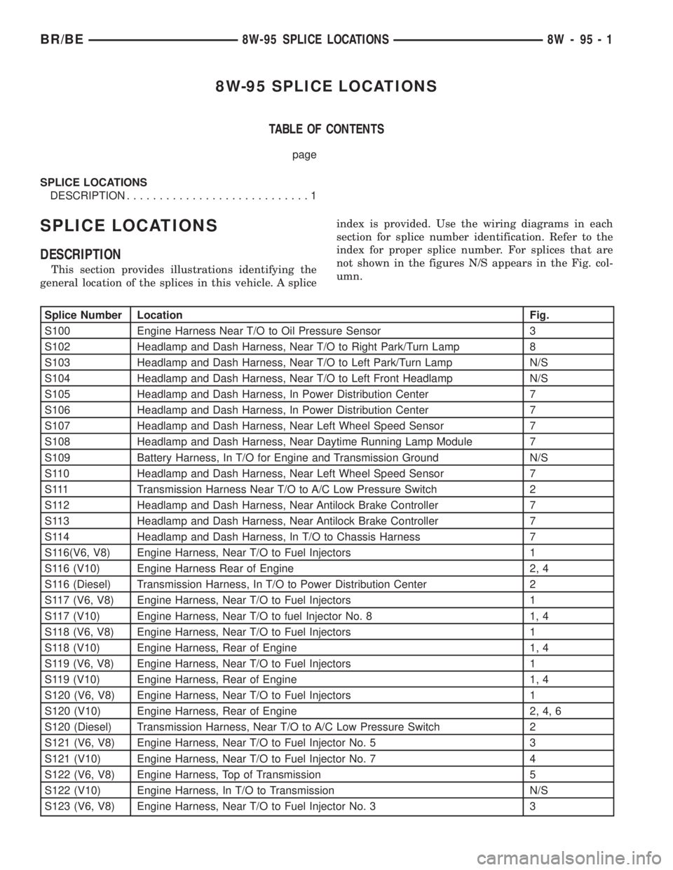 DODGE RAM 2001  Service Repair Manual 8W-95 SPLICE LOCATIONS
TABLE OF CONTENTS
page
SPLICE LOCATIONS
DESCRIPTION............................1
SPLICE LOCATIONS
DESCRIPTION
This section provides illustrations identifying the
general locatio