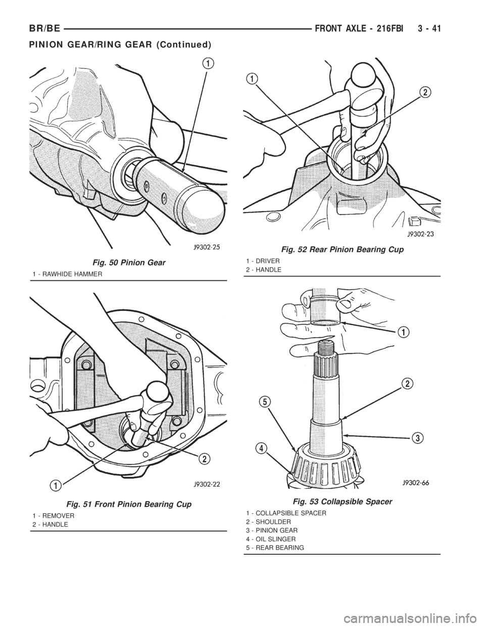 DODGE RAM 2001  Service Repair Manual Fig. 50 Pinion Gear
1 - RAWHIDE HAMMER
Fig. 51 Front Pinion Bearing Cup
1 - REMOVER
2 - HANDLE
Fig. 52 Rear Pinion Bearing Cup
1 - DRIVER
2 - HANDLE
Fig. 53 Collapsible Spacer
1 - COLLAPSIBLE SPACER
2