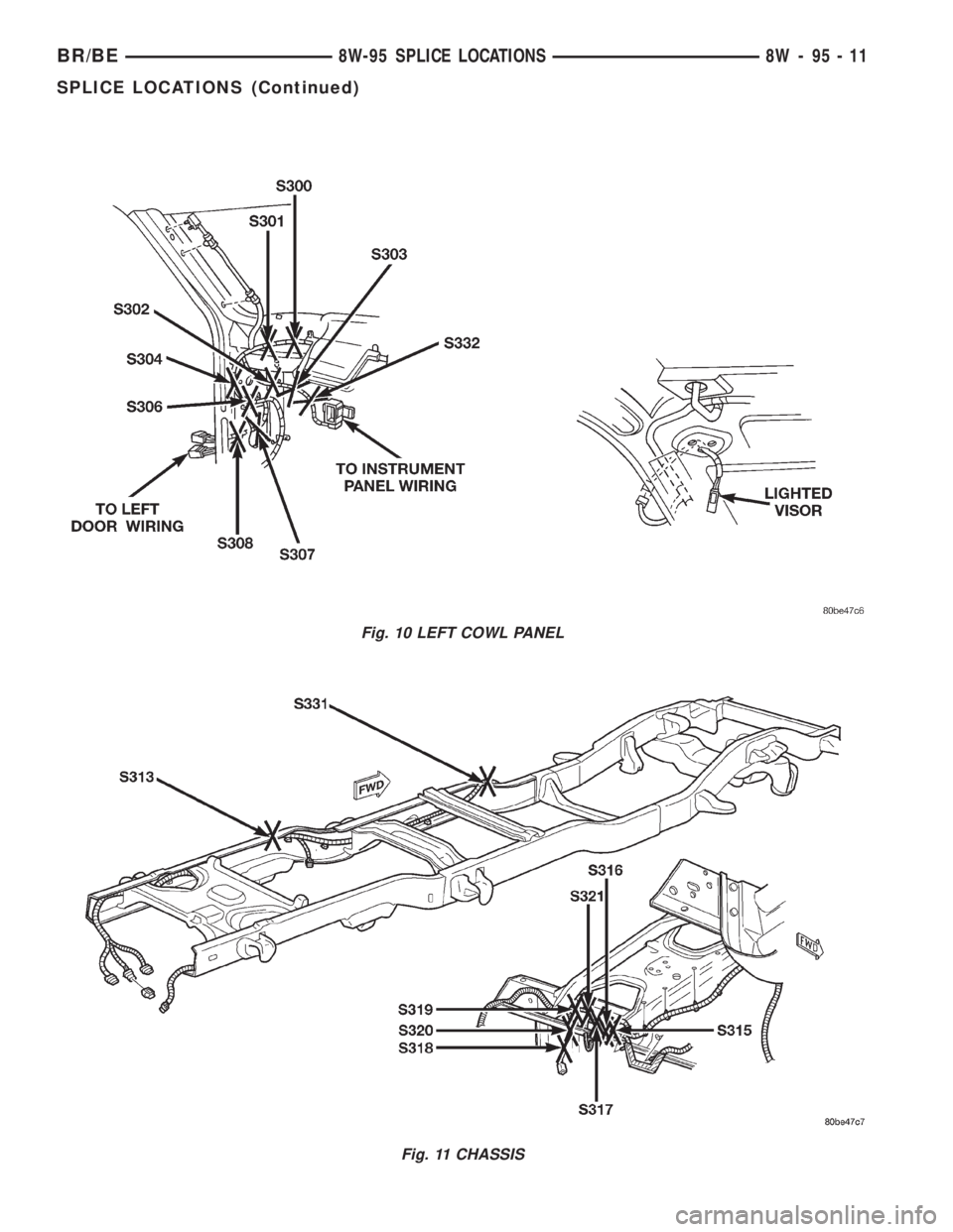 DODGE RAM 2001  Service Repair Manual Fig. 10 LEFT COWL PANEL
Fig. 11 CHASSIS
BR/BE8W-95 SPLICE LOCATIONS 8W - 95 - 11
SPLICE LOCATIONS (Continued) 