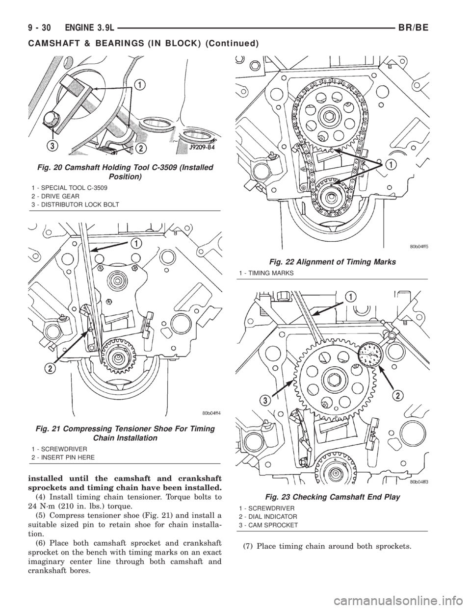 DODGE RAM 2001  Service Repair Manual installed until the camshaft and crankshaft
sprockets and timing chain have been installed.
(4) Install timing chain tensioner. Torque bolts to
24 N´m (210 in. lbs.) torque.
(5) Compress tensioner sh