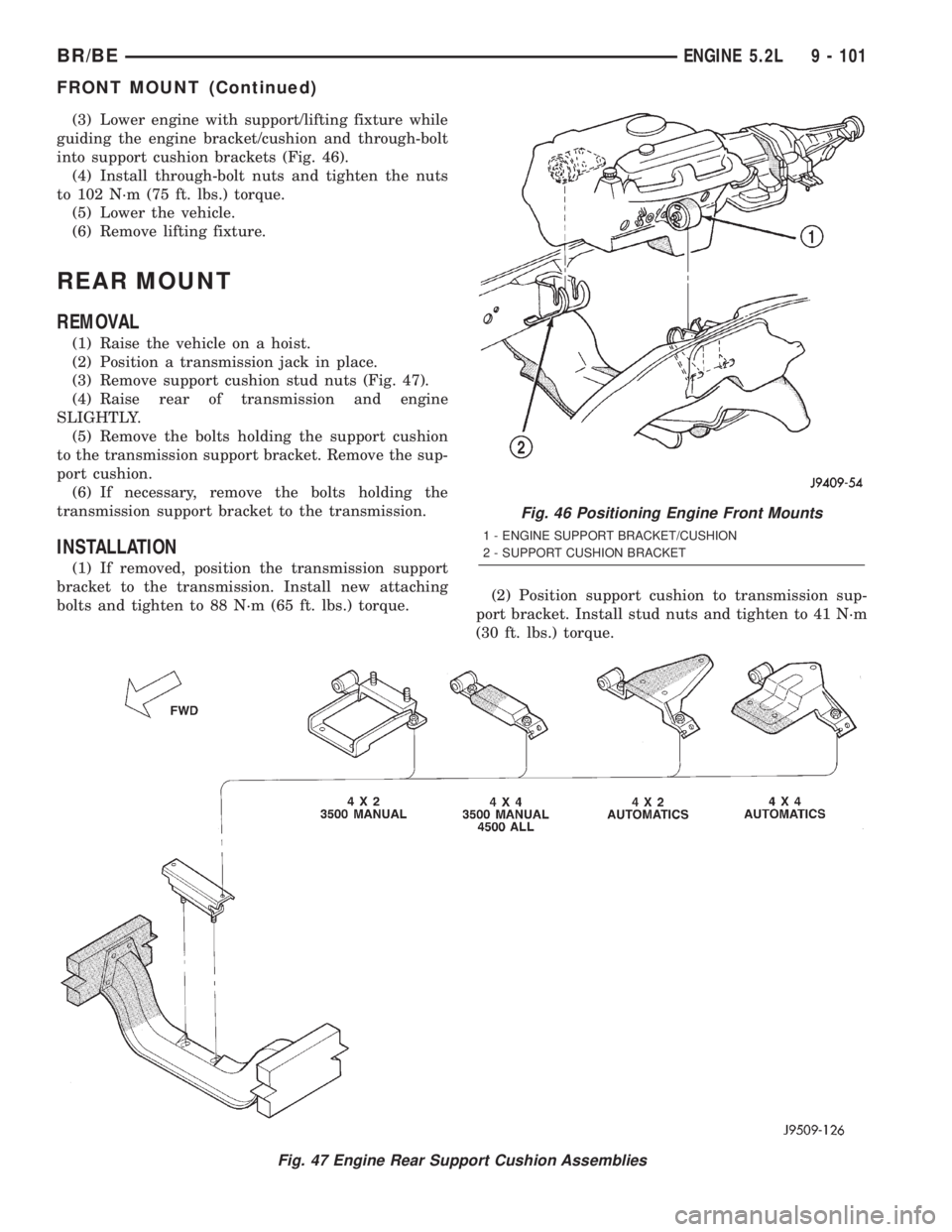 DODGE RAM 2001 Service Repair Manual (3) Lower engine with support/lifting fixture while
guiding the engine bracket/cushion and through-bolt
into support cushion brackets (Fig. 46).
(4) Install through-bolt nuts and tighten the nuts
to 1 DODGE RAM 2001 Service Repair Manual (3) Lower engine with support/lifting fixture while
guiding the engine bracket/cushion and through-bolt
into support cushion brackets (Fig. 46).
(4) Install through-bolt nuts and tighten the nuts
to 1