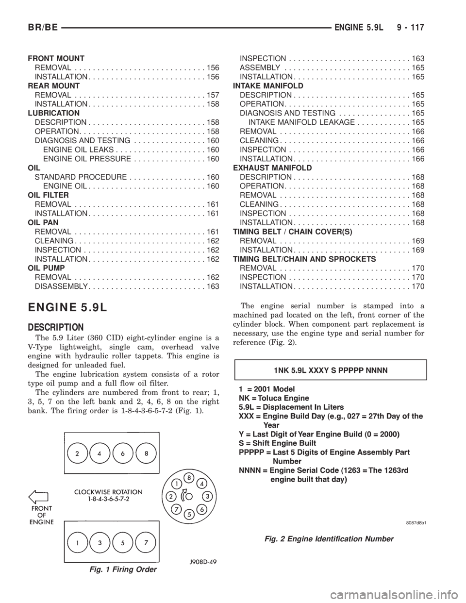 DODGE RAM 2001 Service Repair Manual FRONT MOUNT
REMOVAL.............................156
INSTALLATION..........................156
REAR MOUNT
REMOVAL.............................157
INSTALLATION..........................158
LUBRICATION
D DODGE RAM 2001 Service Repair Manual FRONT MOUNT
REMOVAL.............................156
INSTALLATION..........................156
REAR MOUNT
REMOVAL.............................157
INSTALLATION..........................158
LUBRICATION
D