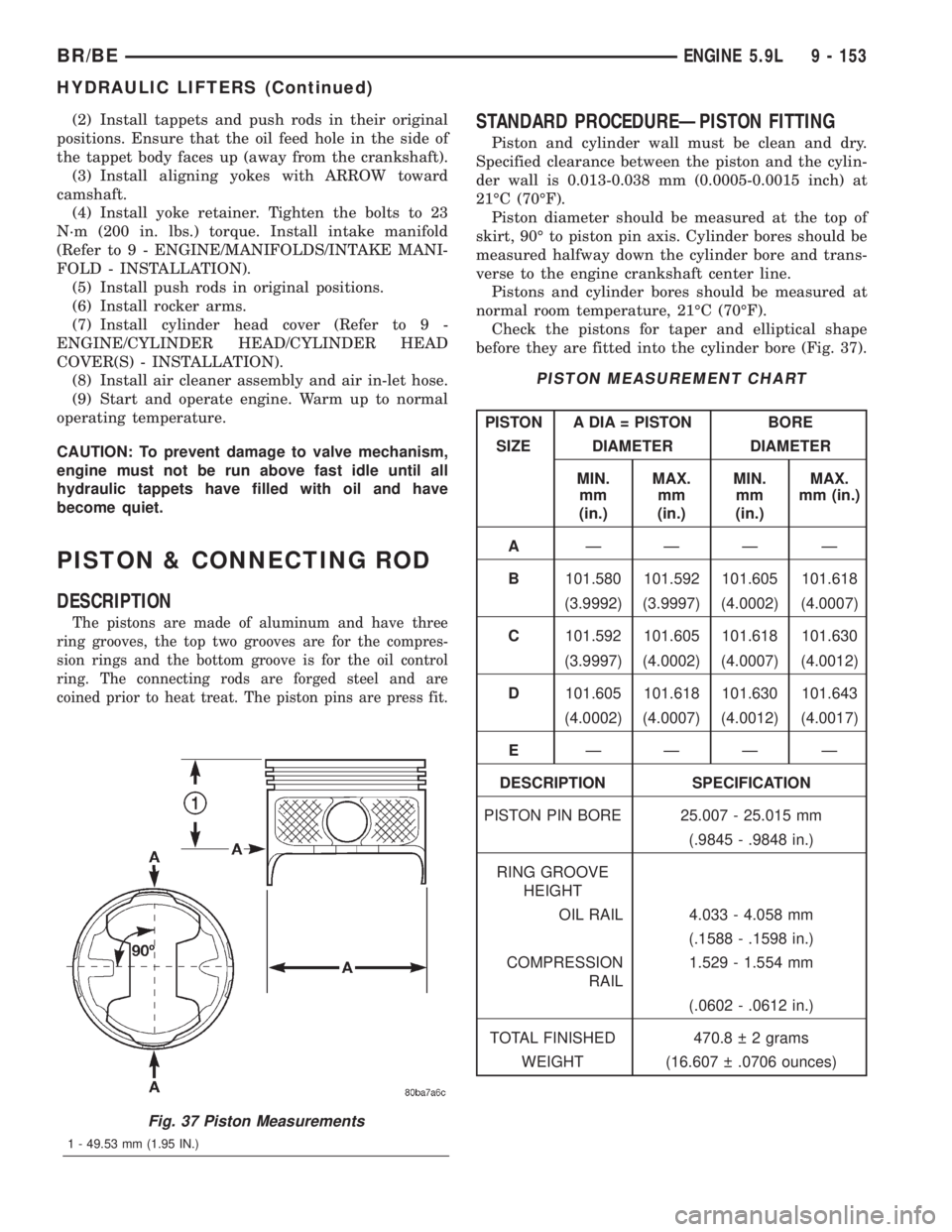 DODGE RAM 2001 Service Repair Manual (2) Install tappets and push rods in their original
positions. Ensure that the oil feed hole in the side of
the tappet body faces up (away from the crankshaft).
(3) Install aligning yokes with ARROW t DODGE RAM 2001 Service Repair Manual (2) Install tappets and push rods in their original
positions. Ensure that the oil feed hole in the side of
the tappet body faces up (away from the crankshaft).
(3) Install aligning yokes with ARROW t