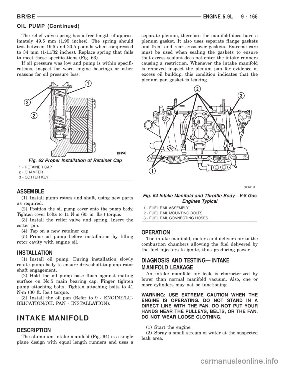 DODGE RAM 2001 Service Repair Manual The relief valve spring has a free length of approx-
imately 49.5 mm (1.95 inches). The spring should
test between 19.5 and 20.5 pounds when compressed
to 34 mm (1-11/32 inches). Replace spring that f DODGE RAM 2001 Service Repair Manual The relief valve spring has a free length of approx-
imately 49.5 mm (1.95 inches). The spring should
test between 19.5 and 20.5 pounds when compressed
to 34 mm (1-11/32 inches). Replace spring that f