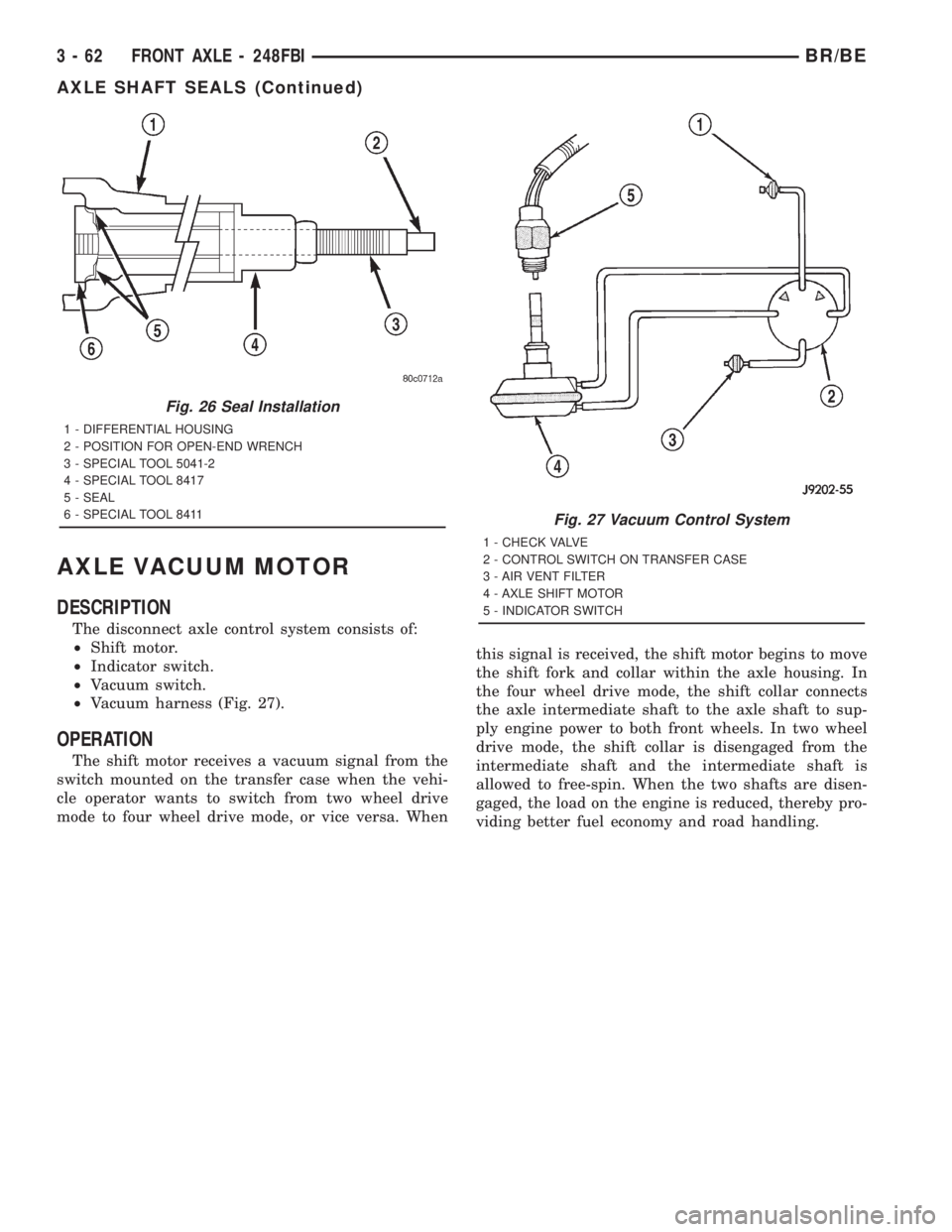 DODGE RAM 2001 Service Repair Manual AXLE VACUUM MOTOR
DESCRIPTION
The disconnect axle control system consists of:
²Shift motor.
²Indicator switch.
²Vacuum switch.
²Vacuum harness (Fig. 27).
OPERATION
The shift motor receives a vacuu DODGE RAM 2001 Service Repair Manual AXLE VACUUM MOTOR
DESCRIPTION
The disconnect axle control system consists of:
²Shift motor.
²Indicator switch.
²Vacuum switch.
²Vacuum harness (Fig. 27).
OPERATION
The shift motor receives a vacuu