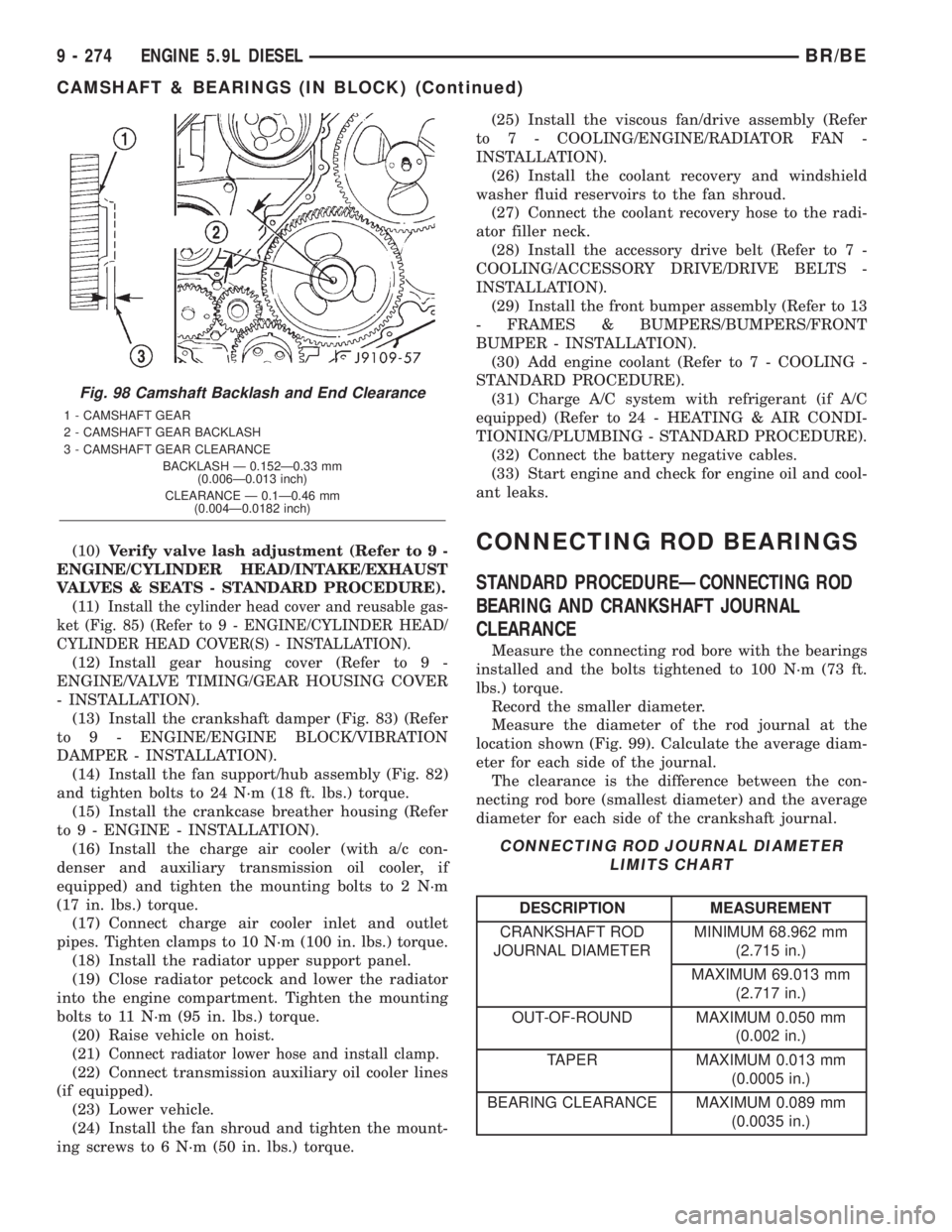 DODGE RAM 2001 Service Repair Manual (10)Verify valve lash adjustment (Refer to 9 -
ENGINE/CYLINDER HEAD/INTAKE/EXHAUST
VALVES & SEATS - STANDARD PROCEDURE).
(11)
Install the cylinder head cover and reusable gas-
ket (Fig. 85) (Refer to DODGE RAM 2001 Service Repair Manual (10)Verify valve lash adjustment (Refer to 9 -
ENGINE/CYLINDER HEAD/INTAKE/EXHAUST
VALVES & SEATS - STANDARD PROCEDURE).
(11)
Install the cylinder head cover and reusable gas-
ket (Fig. 85) (Refer to
