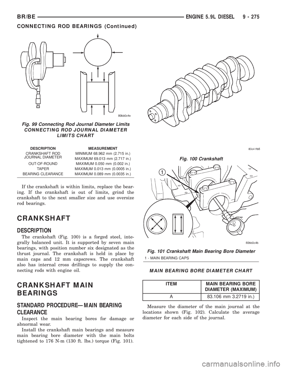 DODGE RAM 2001 Service Repair Manual If the crankshaft is within limits, replace the bear-
ing. If the crankshaft is out of limits, grind the
crankshaft to the next smaller size and use oversize
rod bearings.
CRANKSHAFT
DESCRIPTION
The c DODGE RAM 2001 Service Repair Manual If the crankshaft is within limits, replace the bear-
ing. If the crankshaft is out of limits, grind the
crankshaft to the next smaller size and use oversize
rod bearings.
CRANKSHAFT
DESCRIPTION
The c
